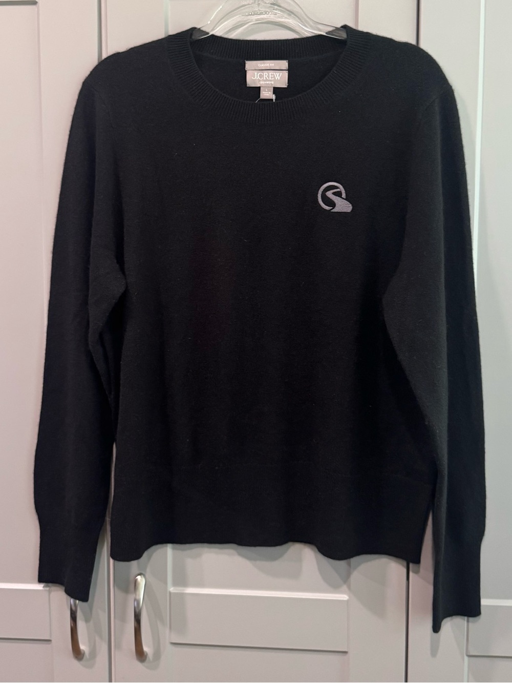 J. Crew Cashmere Black Crewneck Sweater with Small Contrast Logo